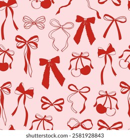 Seamless abstract pattern with cherries and coquette bows on pink background. Cherries with heart. Valentines print. Editable vector illustration for wrapping paper, packaging, fabric, room decor, pho