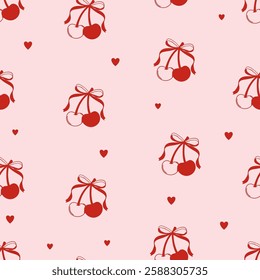 Seamless abstract pattern with cherries and coquette bows on pink background. Cherries with heart. Valentines print. Vector illustration for wrapping paper, packaging, fabric, room decor etc.