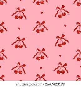 Padrão abstrato sem emenda com cerejas e arcos de coquette. Conceito de namorados. Ilustração vetorial editável para papel de embrulho, embalagem, tecido, decoração da sala, caso de telefone etc.
