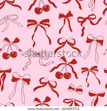 Seamless abstract pattern with cherries and coquette bows on pink background. Editable vector illustration for wrapping paper, packaging, fabric, room decor, phone case etc.