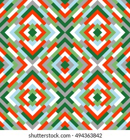 Seamless abstract pattern for Christmas design. Vector geometric background in red, green and white colors. Colorful texture for textile, wallpaper, clown, carpeting, warp, book cover
