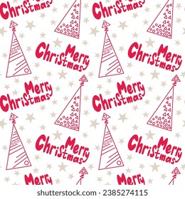 Seamless abstract pattern with christmas tree, stars, Merry Christmas letters. Red, beige. White background. Vector. Designs for textile fabrics, wrapping paper, background, wallpaper, cover.