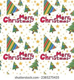 Seamless abstract pattern with christmas tree, stars, Merry Christmas letters. Green, red, yellow. White background. Vector. Designs for textile fabrics, wrapping paper, background, wallpaper, cover.