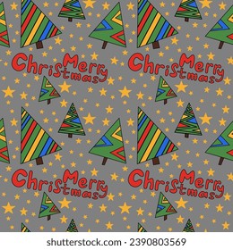 Seamless abstract pattern with christmas tree, stars, Merry Christmas letters. Green, red, yellow. Grey background. Vector. Designs for textile fabrics, wrapping paper, background, wallpaper, cover.