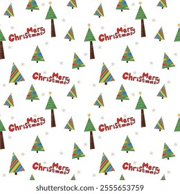 Seamless abstract pattern with christmas tree, stars, Merry Christmas letters. Green, red, yellow, White background. Vector. Design for textile fabrics, wrapping paper, background, wallpaper, cover.
