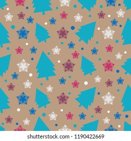 Seamless abstract pattern with a pattern from Christmas trees and snowflakes.
