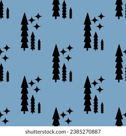 Patrón abstracto sin foco con árboles de navidad, estrellas. Azul, negro. Vector. Diseños para tejidos textiles, papel de envoltura, fondo, papel pintado, cubierta.