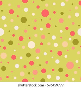 Seamless abstract pattern of circles of different colors and size on olive green background. Kaleidoscope background. Decorative wallpaper, good for printing. Vector illustration. Pink and green 