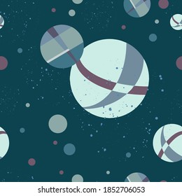 Seamless abstract pattern of circles with doodles on an emerald background.
