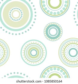 Seamless abstract pattern of circles and dots of green and turquoise colors. Kaleidoscope background. Decorative wallpaper, good for printing. Vector illustration. Ethnic style