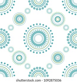Seamless abstract pattern of circles and dots of green and turquoise colors. Kaleidoscope background. Decorative wallpaper, good for printing. Vector illustration. Ethnic style