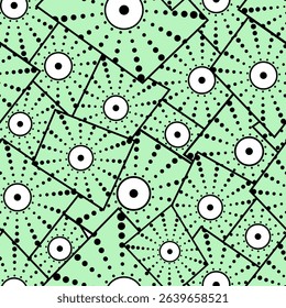 Seamless abstract pattern with circles and dots, rectangles on a green background. For decorating your designs in an abstract style