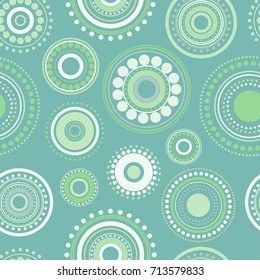 Seamless abstract pattern of circles and dots of green and turquoise colors. Kaleidoscope background. Decorative wallpaper, good for printing. Vector illustration. Ethnic style