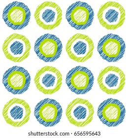 Seamless abstract pattern. Circles in green and blue colors on a white background. Vector illustration.