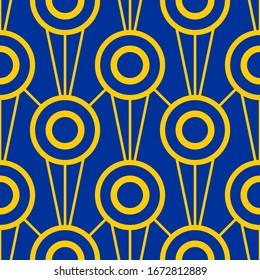 Seamless abstract pattern with circles and lines. Gold ornament on blue background. Vector design.