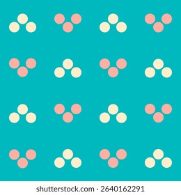Seamless abstract pattern with circles on turquoise background, yellow and pink geometric  elements with limited palette. Could be used as print, textile, fabric, wallpaper, paper, texture. 