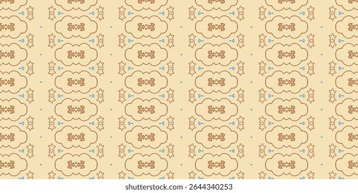Seamless abstract pattern with cloud shapes and razor blade designs in soft brown tones. Includes playful star and bell outlines on a beige background. Perfect for textiles.