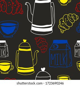 Seamless abstract pattern. Coffee in hand drawn doodle style. Coffee collection on a gray background. Stock vector illustration.