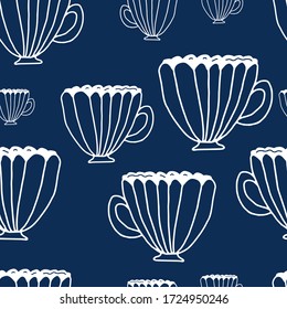 Seamless abstract pattern. Coffee in hand drawn doodle style. Coffee collection on a blue background. Stock vector illustration.