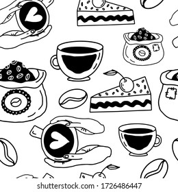 Seamless abstract pattern. Coffee in hand drawn doodle style. Coffee collection on an isolated white background. Stock vector illustration.