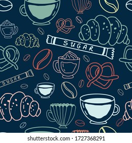 Seamless abstract pattern. Coffee in hand drawn doodle style. Coffee collection on a blue background. Stock vector illustration.