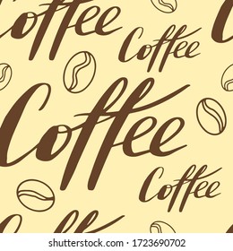 Seamless abstract pattern. Coffee lettering and coffee beans in doodle hand drawn style. Coffee collection on an isolated white background. Stock vector illustration.