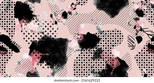 Seamless abstract pattern with collage grunge texture. Pink, black, and white combination. Modern and contemporary design. Vector illustration