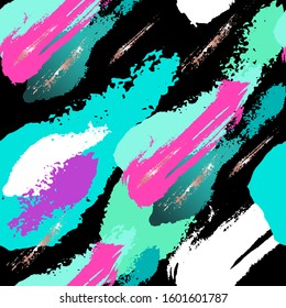 Seamless abstract pattern. Color, gold hand drawn spots on a black background.  Vector hand drawn background.