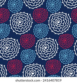 Seamless abstract pattern with color in spiral shape. Simple ethnic print with handwritten curls for textile, fabric, bag, curtains. Red and white decorative ornament on a dark blue backdrop for cover
