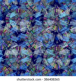 Seamless abstract pattern of colored circles bars, sticks and strokes. Graphics drawn hand, vector.