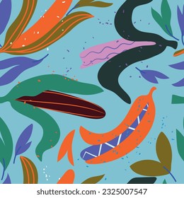 Patrón abstracto e inmaculado con plátano colorido y hojas sobre fondo azul. Ilustración vectorial.