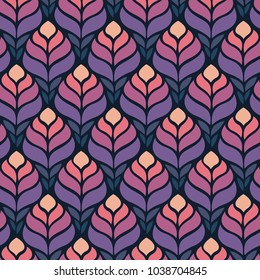 Seamless abstract pattern with colorful flowers. Vector illustration with leaves.