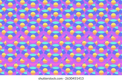 Seamless abstract pattern with colorful geometric circles in retro pop art style. Perfect for backgrounds, textiles, wallpapers, and creative design projects.