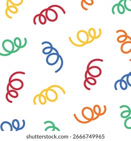 Seamless abstract pattern with colorful geometric doodles on a white background, creating a playful and modern decorative design.