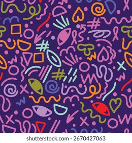 Seamless abstract pattern with colorful geometric doodles, playful Memphis style background