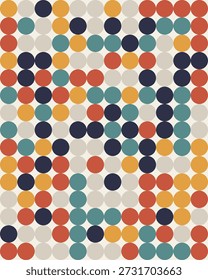 Un patrón abstracto sin fisuras de círculos geométricos de colores y lunares dispuestos en una cuadrícula rítmica, con una paleta de colores retro modernos de mediados de siglo sobre un fondo crema.