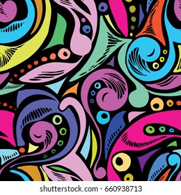 Seamless abstract pattern. Colorful seamless pattern from hand-drawn objects. Seamless pattern from doodles. Use as a background for packaging, postcards, wallpaper, prints on fabric, etc. 