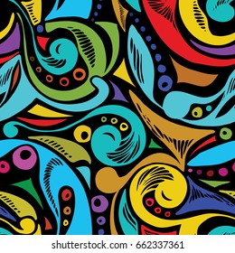 Seamless abstract pattern. Colorful seamless pattern from hand-drawn objects. Seamless pattern from doodles. Use as a background for packaging, postcards, wallpaper, prints on fabric, etc. 
