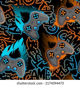 Seamless abstract pattern with colorful  joystick game on fire and graffiti words. Wallpaper for boys.