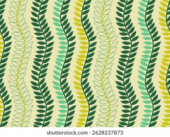 Seamless abstract pattern with colorful leaf designs. Features geometric lines and curves for a vibrant fabric or wallpaper texture.