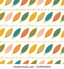 Seamless abstract pattern with colorful leaves and doodles
