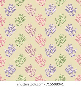 Seamless abstract pattern with colorful linear prints of human palms.