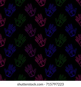 Seamless abstract pattern with colorful linear prints of human palms.