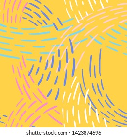 Seamless abstract pattern with colorful lines. Hand drawn dashed lines forming overlapping waves. Stylish texture with stitches. Modern geometric background from bold dotted lines for textile, fabric.