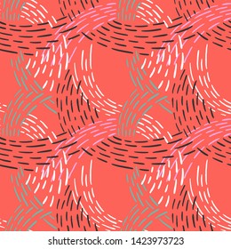 Seamless abstract pattern with colorful lines. Hand drawn dashed lines forming overlapping waves. Stylish texture with stitches. Modern geometric background from bold dotted lines for textile, fabric.