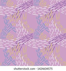 Seamless abstract pattern with colorful lines. Hand drawn dashed lines forming overlapping waves. Stylish texture with stitches. Modern geometric background from bold dotted lines for textile, fabric.