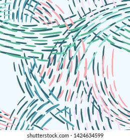 Seamless abstract pattern with colorful lines. Hand drawn dashed lines forming overlapping waves. Stylish texture with stitches. Modern geometric background from bold dotted lines for textile, fabric.