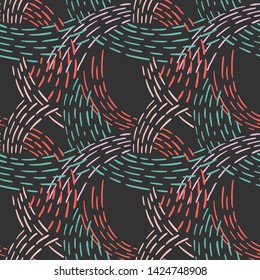 Seamless abstract pattern with colorful lines. Hand drawn dashed lines forming overlapping waves. Stylish texture with stitches. Modern geometric background from bold dotted lines for textile, fabric.