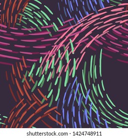 Seamless abstract pattern with colorful lines. Hand drawn dashed lines forming overlapping waves. Stylish texture with stitches. Modern geometric background from bold dotted lines for textile, fabric.