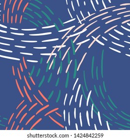 Seamless abstract pattern with colorful lines. Hand drawn dashed lines forming overlapping waves. Stylish texture with stitches. Modern geometric background from bold dotted lines for textile, fabric.